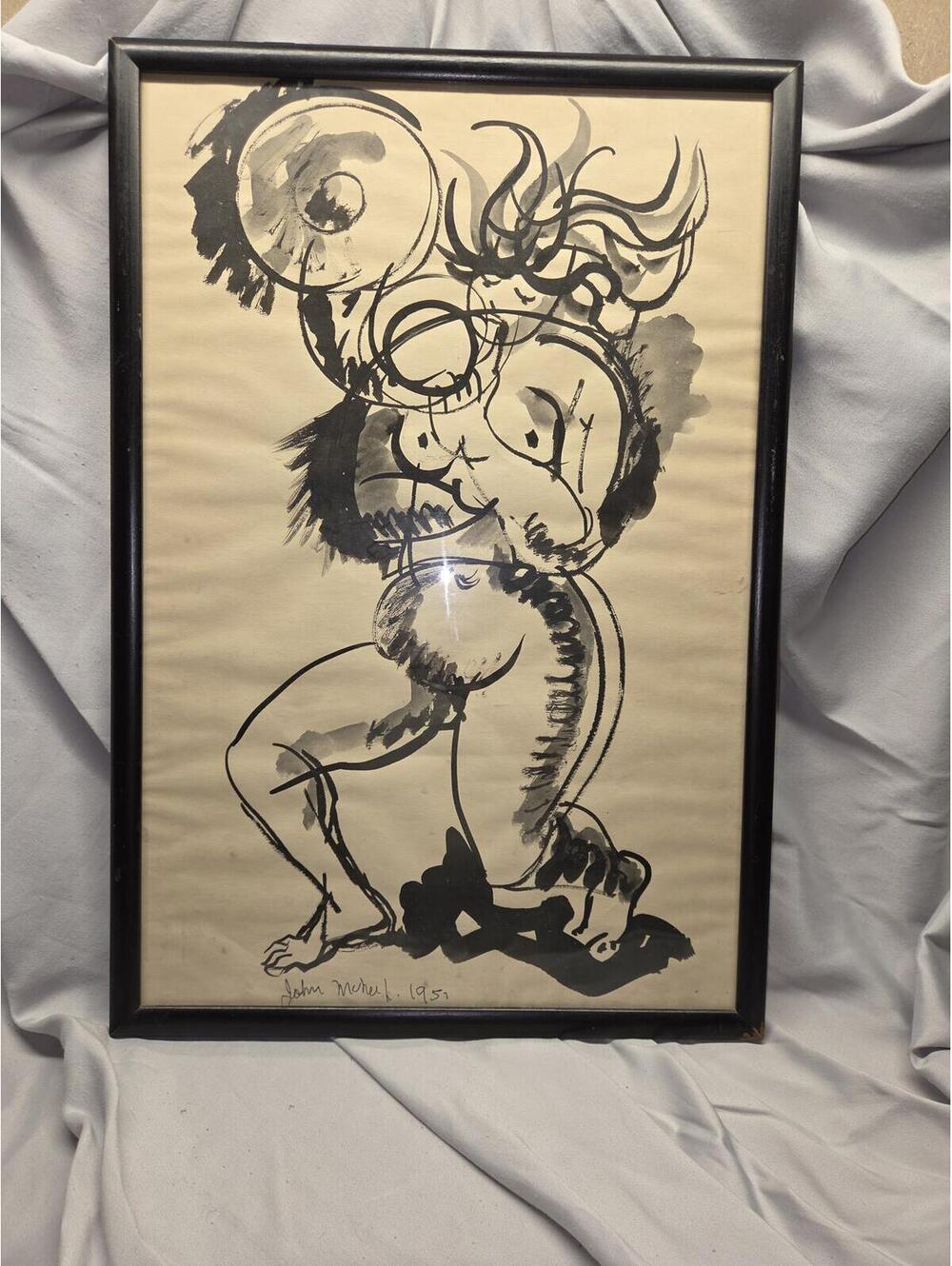 Signed 1951 Abstract Ink Figure Drawing Framed Under Glass